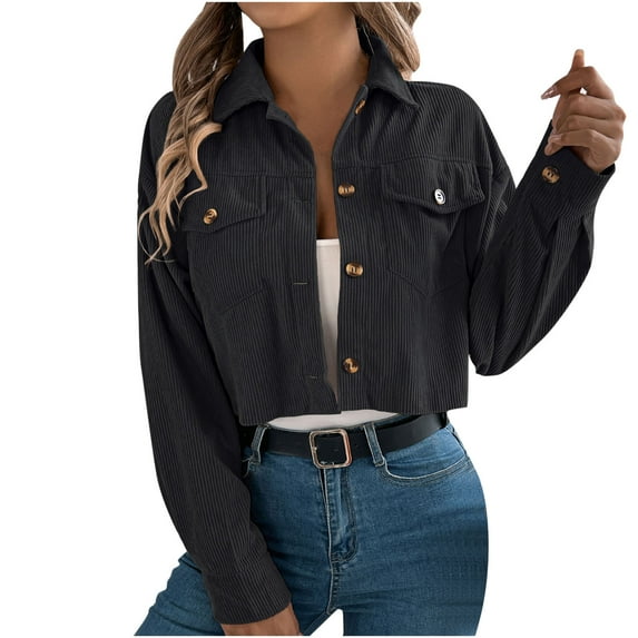 Ecqkame Womens Cropped Corduroy Jackets Fashion Button Down Crop Jackets Long Sleeve Turndown Collar Trendy Coat Black S