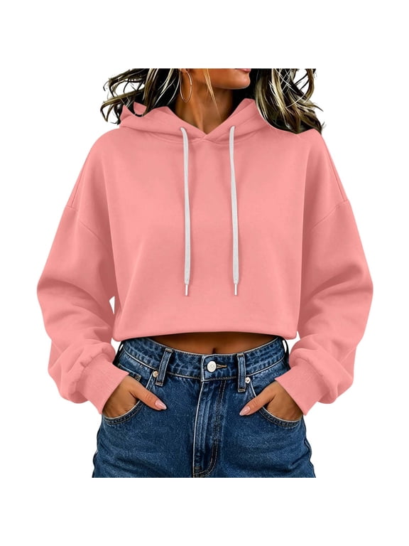 Womens Cropped Hoodies Solid Color Long Sleeve Pocket Casual Pullover Sweatshirt Trendy Daily Versatile Streetwear Crop Top Pink XXL