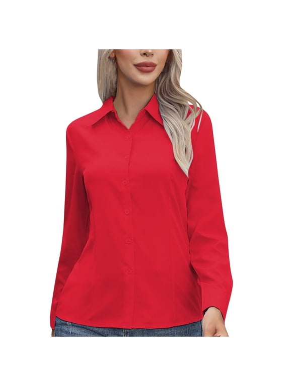 Womens Dress Shirts Turndown Collar Long Sleeve Button Down Tops Wrinkle-Free Solid Tunic Work Blouse Red XL