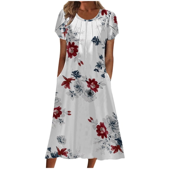 Ecqkame Womens Dresses Summer Casual Crew Neck Printing Short Sleeve Plus Size Summer Dresses with Pockets A-Red XL