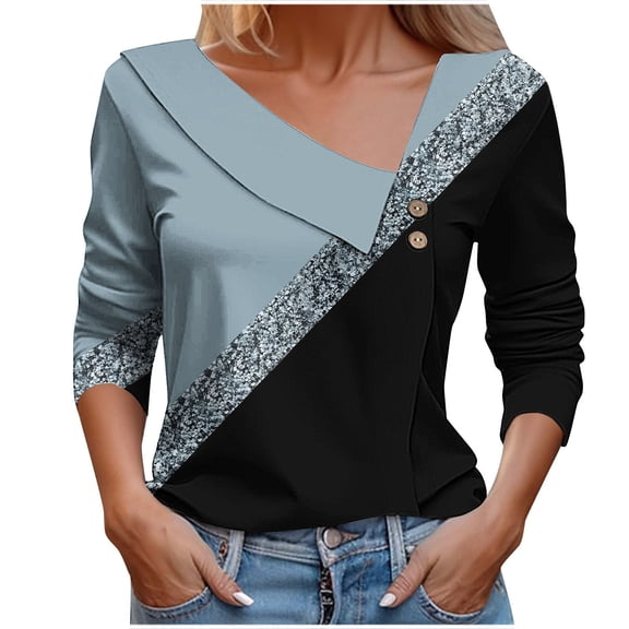 Ecqkame Womens Fashion Blouses Tunics Long Sleeve Cross V Neck Shirts Loose Casual Comfortable Tops with Decor Button Navy M