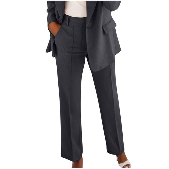 Ecqkame Womens Fashion Pants Casual High Waist Straight Leg Temperament Pants Solid Color Button Business Pants with Pockets Dark Gray XL