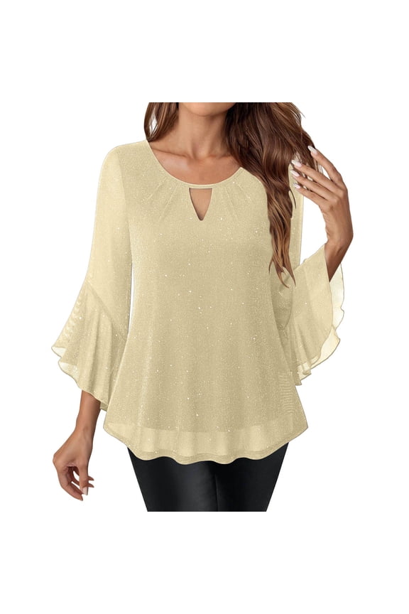 Womens Glittering Gold Hot Stamping Tops Ruffled 3/4 Sleeve Dressy Casual Blouses Double Layers Mesh Sheer V Neck Party Shirts Beige XXL