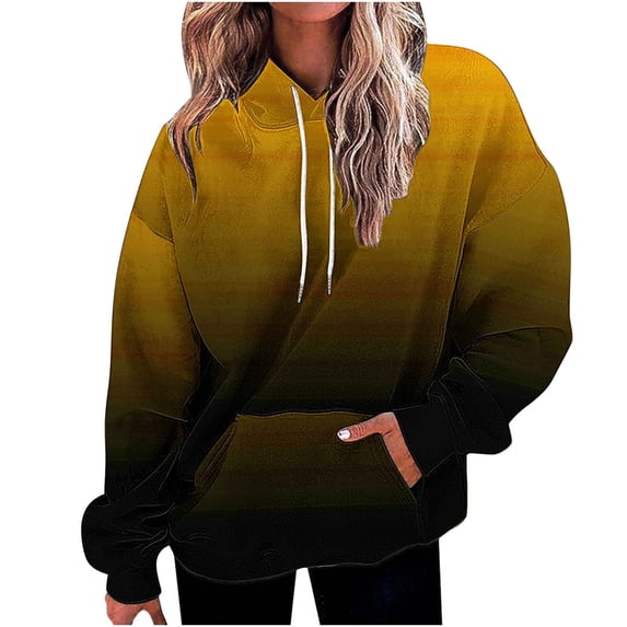 Ecqkame Womens Gradient Color Hoodies Fall Long Sleeve Drawstring Pullover Tops with Pockets Fashion Casual Sweatshirt Yellow S