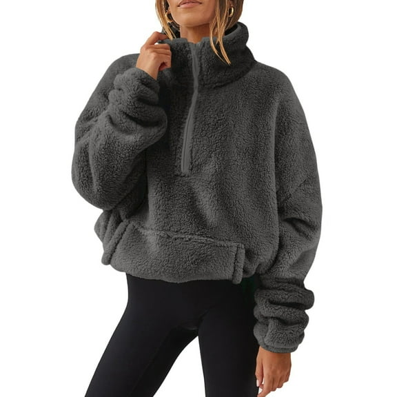 Ecqkame Womens Half Zip Sweatshirt sherpa Pullover Warm Soft Fleece Sweatshirt Long Sleeve Solid Color Sweater with Pockets Dark Gray M