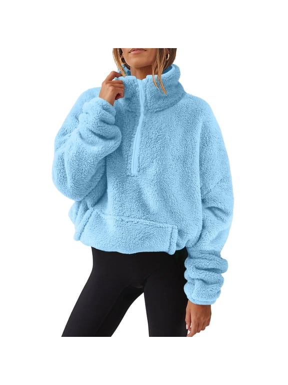 Womens Half Zip Sweatshirt sherpa Pullover Warm Soft Fleece Sweatshirt Long Sleeve Solid Color Sweater with Pockets Light Blue M