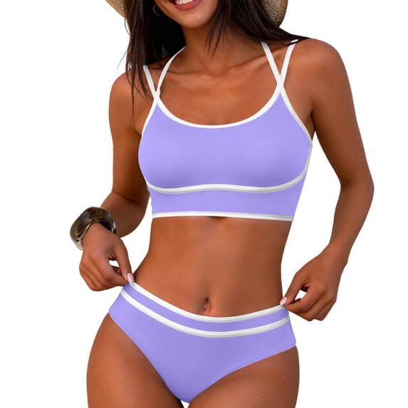 Ecqkame Womens High Waisted Bikini Sets 2 Piece Solid Color Twist Front Modest Swimsuit Tummy Control Beach Bathing Suits Purple XXL