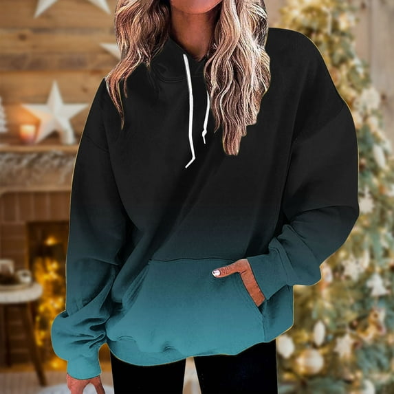 Ecqkame Womens Hoodies Casual Hooded Gradient Color Sweatshirt Long Sleeve Drawstring Tops with Pocket F-Light Blue S