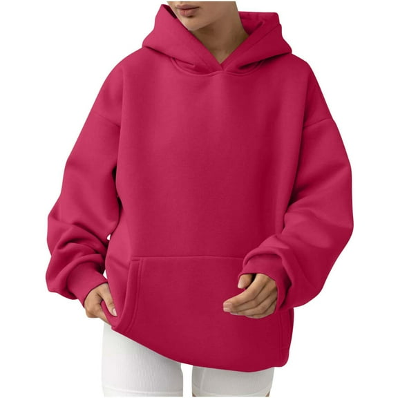 Ecqkame Womens Hoodies Sweatshirts Solid Color Pullover Long Sleeve Hoodies Winter Fall Outfits Comfortable Fashion Sweatshirts Hot Pink S