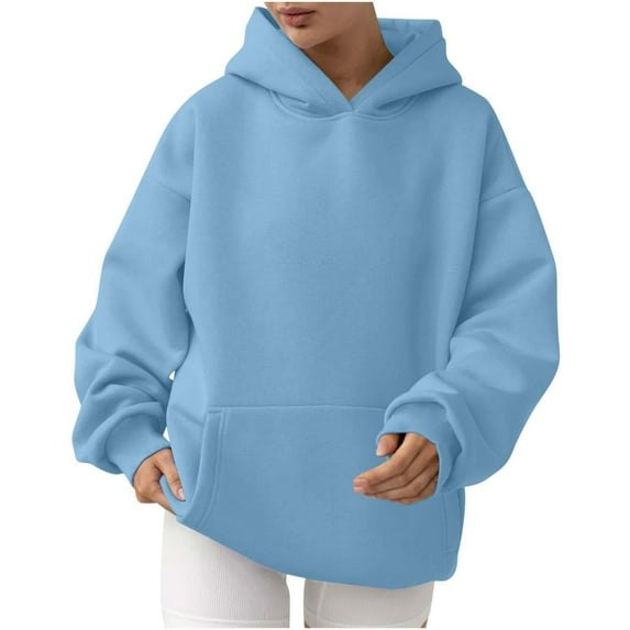 Ecqkame Womens Hoodies Sweatshirts Solid Color Pullover Long Sleeve Hoodies Winter Fall Outfits Comfortable Fashion Sweatshirts Sky Blue M