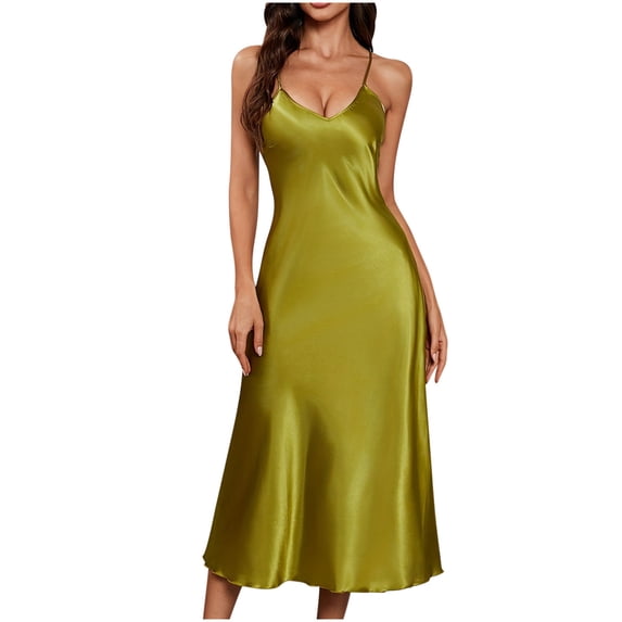 Ecqkame Womens Ice Silk Nightgown Solid Color Crew Neck Spaghetti Straps Sleepwear Lightweight Comfortable Pajamas Green L