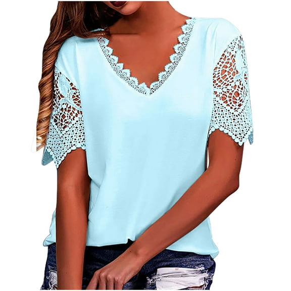 Ecqkame Womens Lace Tunic Tops Crochet Fancy Casual V Neck Short Sleeve Solid Color Fasion Shirt Blouse Light Blue L