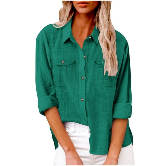 Ecqkame Womens Lightweight Tops Short Sleeve Linen Cotton Turndown Collar Shirts Solid Color Button Down Casual Blouses with Pocket 02-Green L