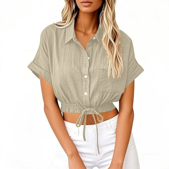 Ecqkame Womens Lightweight Tops Short Sleeve Linen Cotton Turndown Collar Shirts Solid Color Button Down Casual Blouses with Pocket 04-Beige L