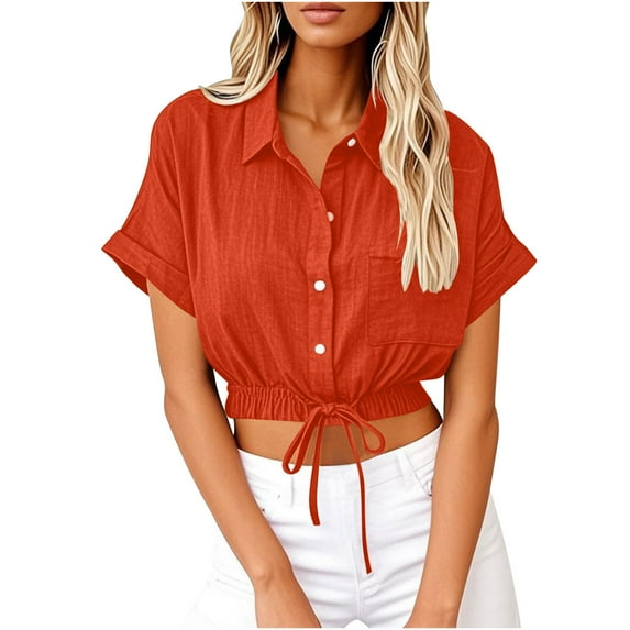 Ecqkame Womens Lightweight Tops Short Sleeve Linen Cotton Turndown Collar Shirts Solid Color Button Down Casual Blouses with Pocket 04-Orange S