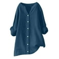 thumbnail image 1 of Ecqkame Womens Linen Cotton Shirts 3/4 Sleeve V Neck Tunic Shirt Tops Casual Loose Button vacation Blouse Dark Blue XXXXL, 1 of 7