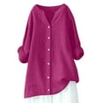 thumbnail image 1 of Ecqkame Womens Linen Cotton Shirts 3/4 Sleeve V Neck Tunic Shirt Tops Casual Loose Button vacation Blouse Hot Pink S, 1 of 7