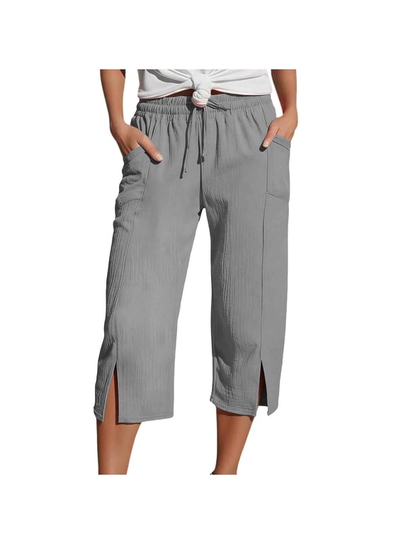 Womens Linen Cropped Pants Side Split Elastic Waist Casual Solid Color Capri Pant Summer Lightweight Versatile Pants with Pockets Gray XXL