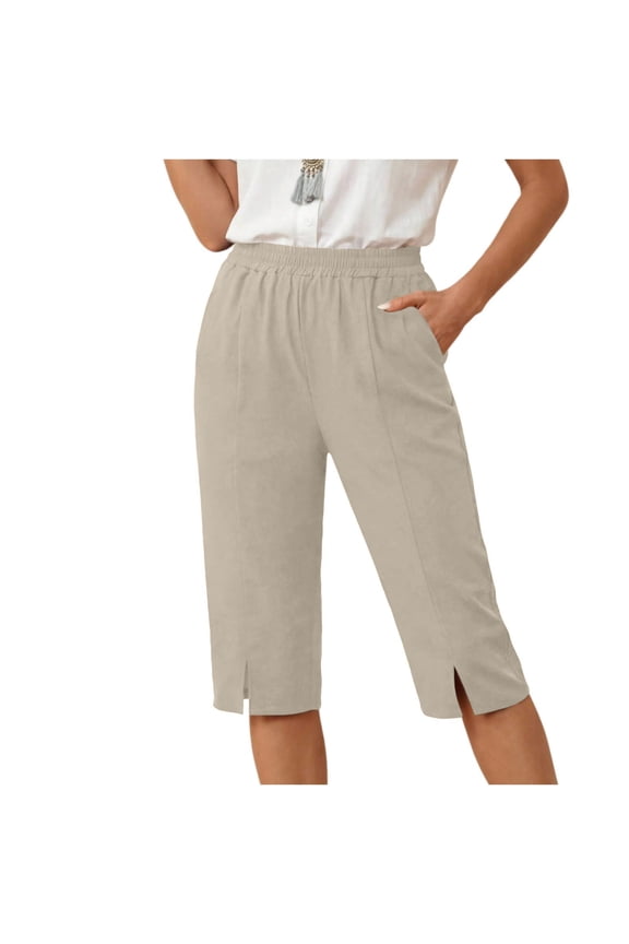 Womens Linen Cropped Pants Side Split Elastic Waist Casual Solid Color Capri Pant Summer Lightweight Versatile Pants with Pockets Khaki XL