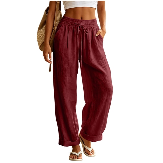 Ecqkame Womens Linen Pants Casual Elastic Waist Drawstring Solid Color Trousers Summer Lightweight Everyday Pant with Pockets Wine XL