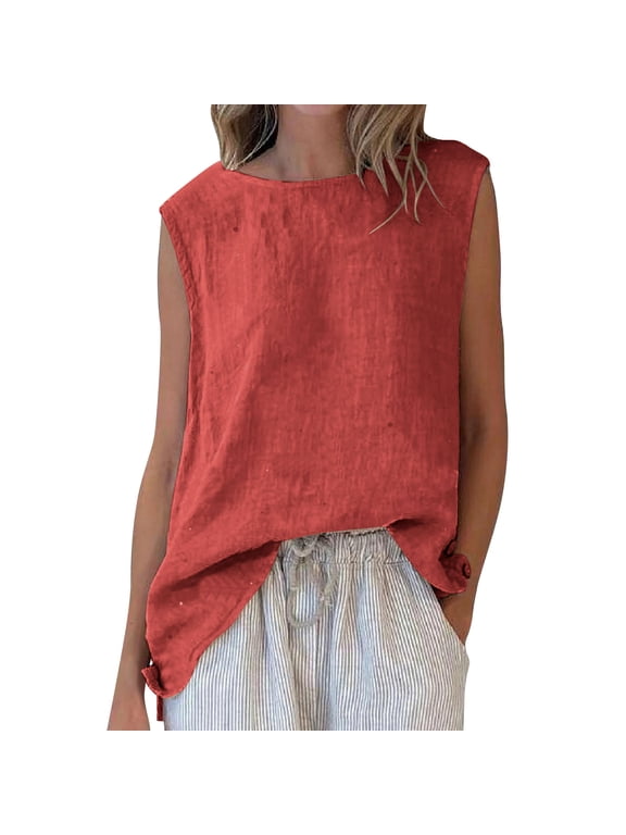 Womens Linen Tank Tops Crew Neck Sleeveless Fit Blouse Summer Side Split Asymmetrical Curved Hem Casual Loose Shirts Red XXL