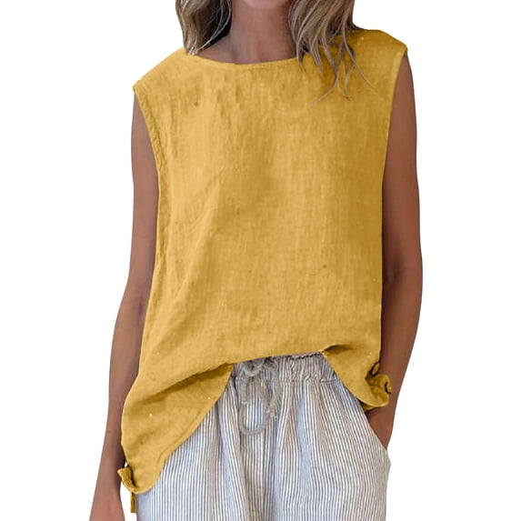 Ecqkame Womens Linen Tank Tops Crew Neck Sleeveless Fit Blouse Summer Side Split Asymmetrical Curved Hem Casual Loose Shirts Yellow S