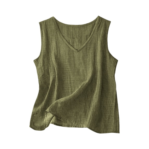 Ecqkame Womens Linen Tank Tops Round Neck Sleeveless Casual Loose Shirts Summer Lightweight Flowy Daily Solid Color Blouses Army Green M