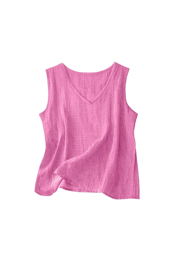 Womens Linen Tank Tops Round Neck Sleeveless Casual Loose Shirts Summer Lightweight Flowy Daily Solid Color Blouses Hot Pink S