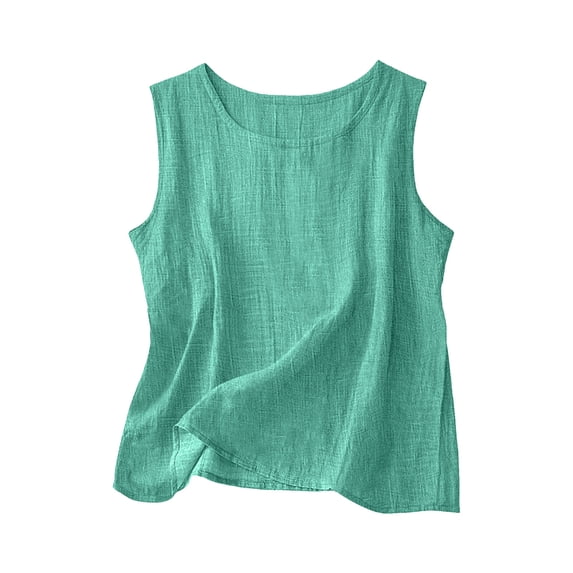 Ecqkame Womens Linen Tank Tops Round Neck Sleeveless Casual Loose Shirts Summer Lightweight Flowy Daily Solid Color Blouses Mint Green XXXL