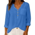 thumbnail image 1 of Ecqkame Womens Linen Tops 3/4 Sleeve V Neck Button Down Solid Color Shirts Business Casual Basic Daily Summer Blouses Blue M, 1 of 9