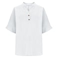 thumbnail image 1 of Ecqkame Womens Linen Tops 3/4 Sleeve V Neck Button Down Solid Color Shirts Business Casual Basic Daily Summer Blouses White S, 1 of 6
