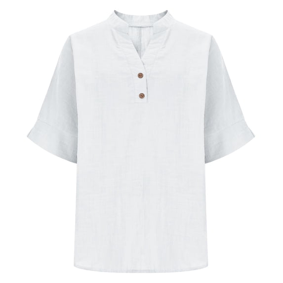 Ecqkame Womens Linen Tops 3/4 Sleeve V Neck Button Down Solid Color Shirts Business Casual Basic Daily Summer Blouses White S