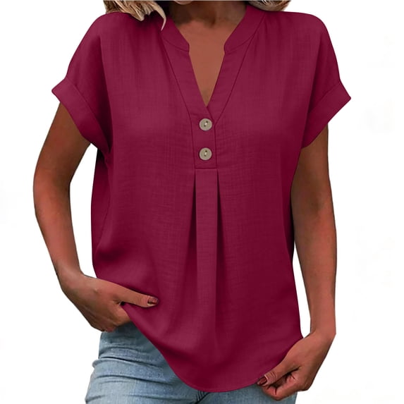 Ecqkame Womens Linen Tops 3/4 Sleeve V Neck Button Down Solid Color Shirts Business Casual Basic Daily Summer Blouses Wine S