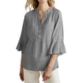 thumbnail image 1 of Ecqkame Womens Linen Tops Dressy Business Casual Ruffle 3/4 Sleeve Summer V-Neck Solid Color Blouses with Buttons Gray XXL, 1 of 7