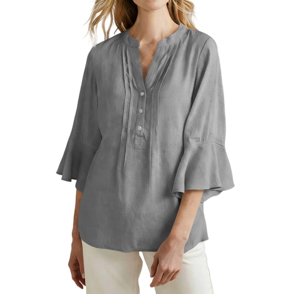Ecqkame Womens Linen Tops Dressy Business Casual Ruffle 3/4 Sleeve Summer V-Neck Solid Color Blouses with Buttons Gray XXL