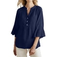 thumbnail image 1 of Ecqkame Womens Linen Tops Dressy Business Casual Ruffle 3/4 Sleeve Summer V-Neck Solid Color Blouses with Buttons Navy M, 1 of 7