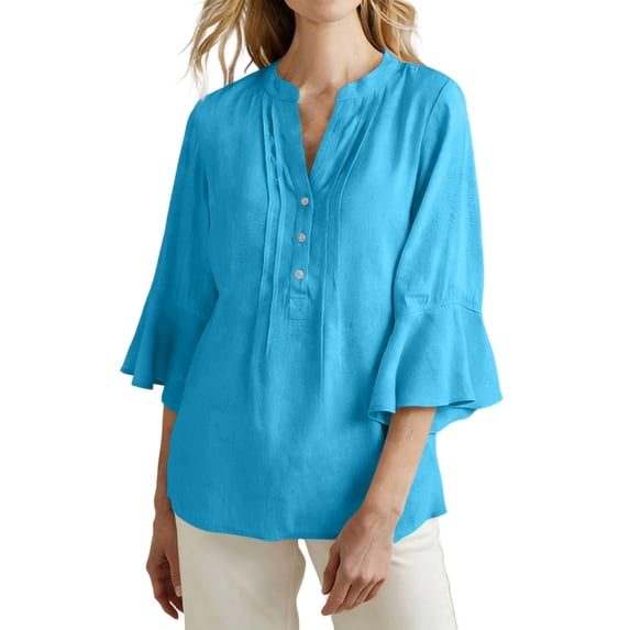 Ecqkame Womens Linen Tops Dressy Business Casual Ruffle 3/4 Sleeve Summer V-Neck Solid Color Blouses with Buttons Sky Blue XL