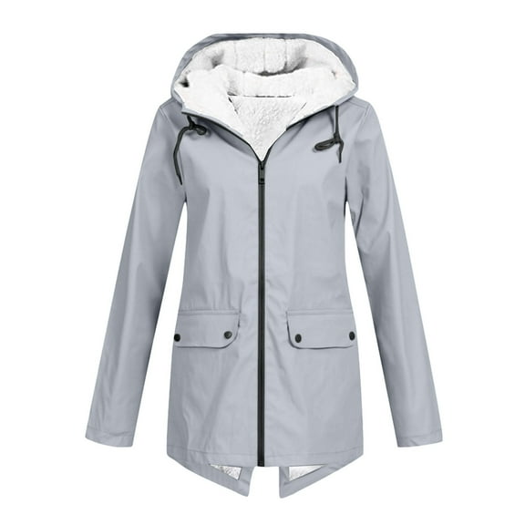 Ecqkame Womens Long Rain Jacket With Hood Winter Fleece Full Zip Outdoor Windbreaker Solid Windproof Raincoat Gray XXXL