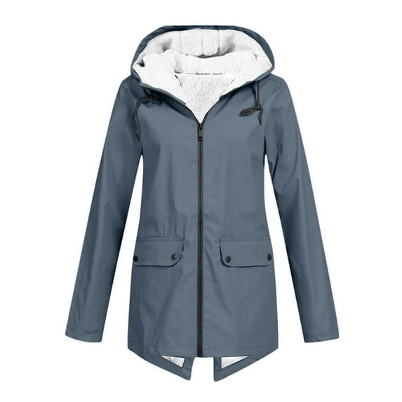 Ecqkame Womens Long Rain Jacket With Hood Winter Fleece Full Zip Outdoor Windbreaker Solid Windproof Raincoat Light Blue XXL