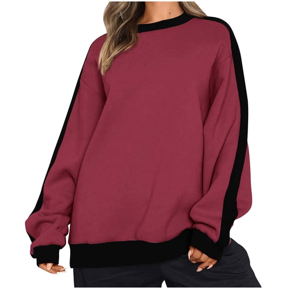 Ecqkame Womens Long Sleeve Sweatshirt Casual Color Block Crewneck Pullover Sweatshirt Loose Fall Trendy Outdoor Sweatshirt Wine M