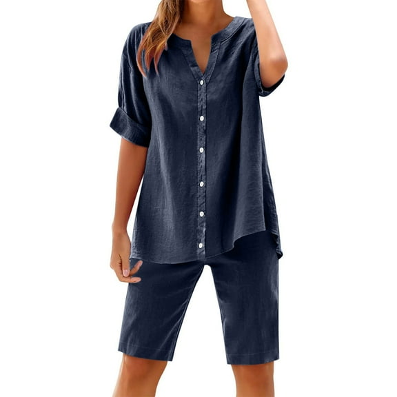 Ecqkame Womens Loungewear Set Cotton Linen Shorts Sets Outfits Lounge Short Sleeve Button V Neck T Shirts Casual Suit 01-Navy XXL