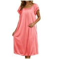 thumbnail image 1 of Ecqkame Womens Nightgown Sexy Round Neck Short Sleeve Pleated Ice Silk Sleepwear Solid Color Soft Comfortable Sleep Dress 01-Watermelon Red Free Size, 1 of 5