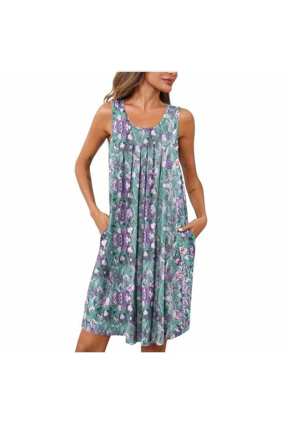 Womens Nightgown Casual Floral Print Sleeveless Sleepwear Pleated Front Round Neck Comfortable Nightdress with Pockets Sky Blue XXL