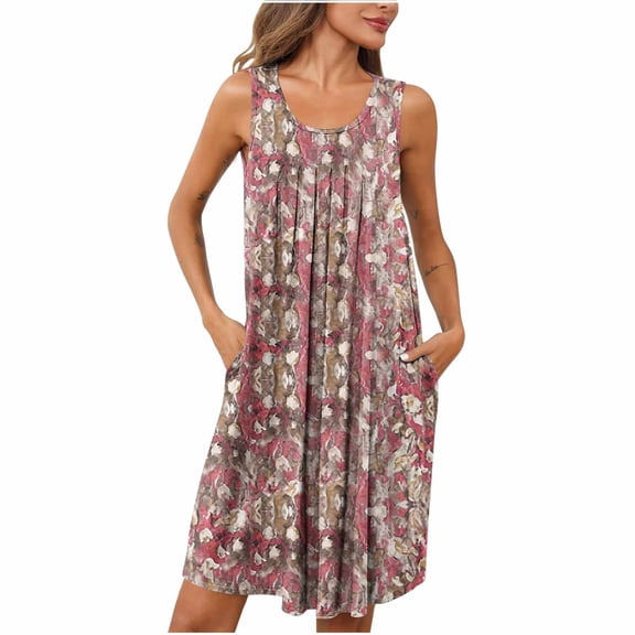 Ecqkame Womens Nightgown Casual Floral Print Sleeveless Sleepwear Pleated Front Round Neck Comfortable Nightdress with Pockets Watermelon Red XL