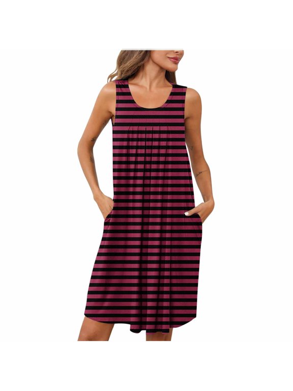 Womens Summer Nightgown Casual Striped Print Sleeveless Sleepwear Pleated Round Neck Nightdress with Pockets S