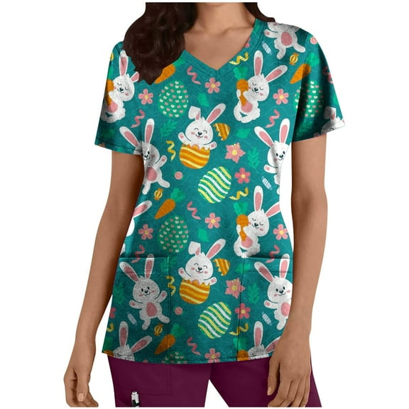 Ecqkame Womens Nursing Scrub Tops Easter Eggs Bunny Rabbit Printed Working Uniform Blouse T-shirt Casual Short Sleeve V-neck Blouse Tops With Pocket Green M on Clearance