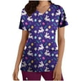 thumbnail image 1 of Ecqkame Womens Nursing Scrub Tops Easter Eggs Bunny Rabbit Printed Working Uniform Blouse T-shirt Casual Short Sleeve V-neck Blouse Tops With Pocket Purple M, 1 of 4