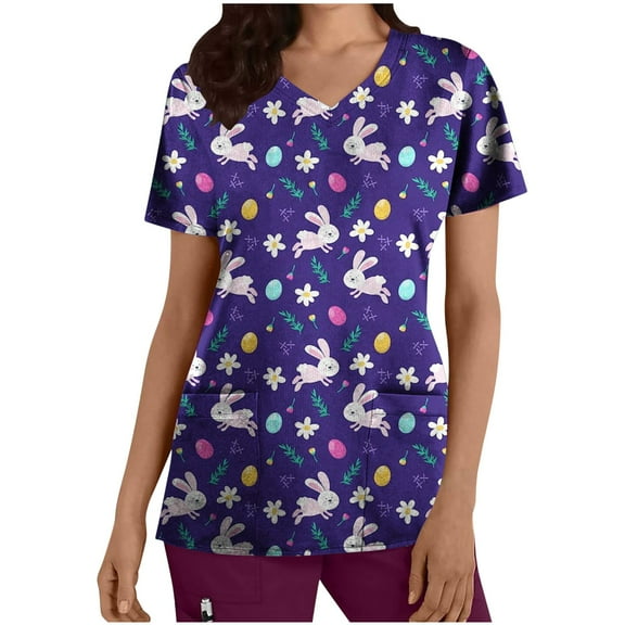 Ecqkame Womens Nursing Scrub Tops Easter Eggs Bunny Rabbit Printed Working Uniform Blouse T-shirt Casual Short Sleeve V-neck Blouse Tops With Pocket Purple L