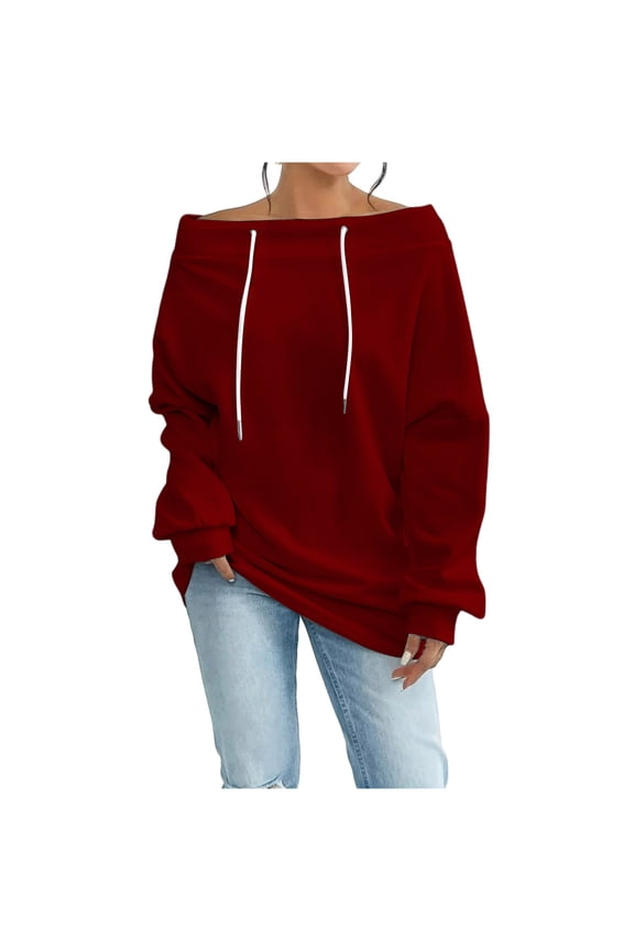 Womens Off Shoulder Sweatshirts Drop Shoulder Oversized Long Sleeve Pullover Top Solid Color Lightweight Sweatshirt Red S