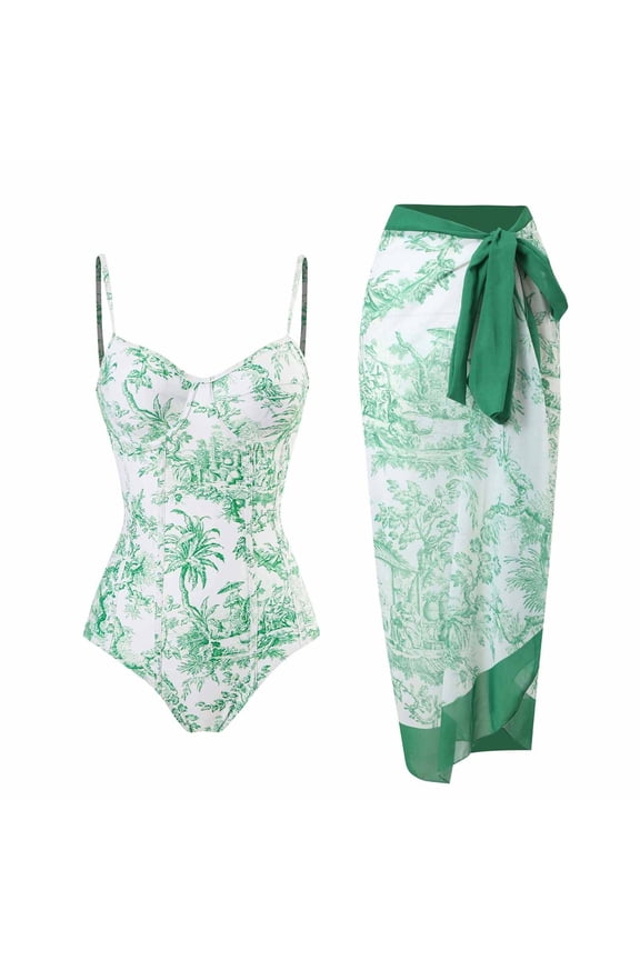 Womens One Piece Swimsuit with Cover Up Sarong Wrap Floral Bathing Suits Tummy Control Swim Suit with Beach Cover Up Set Green M